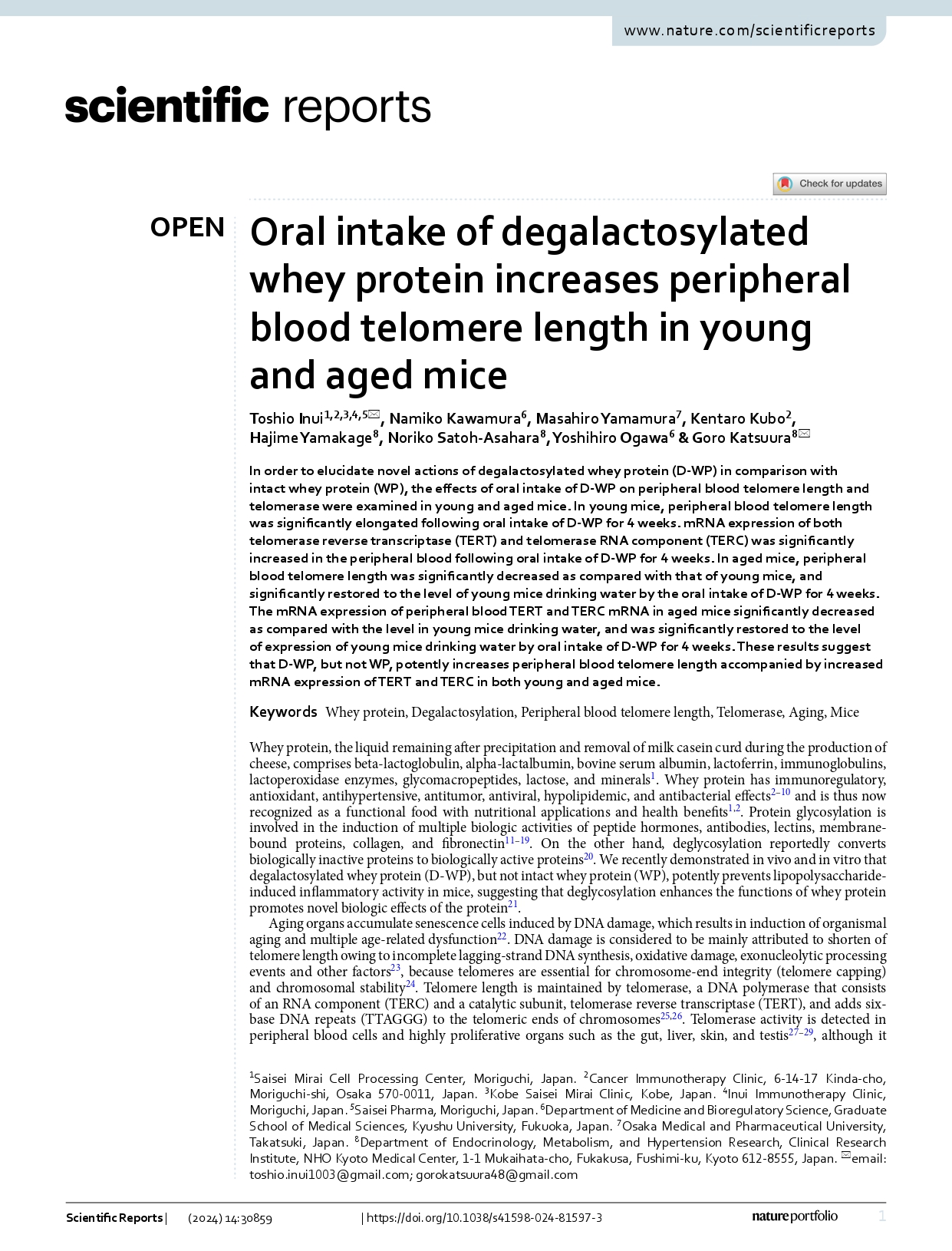 Oral intake increases telomere length in mice